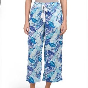 Sigrid Olsen Blue Leaf Print Wide-Leg Linen Pants Size Small
